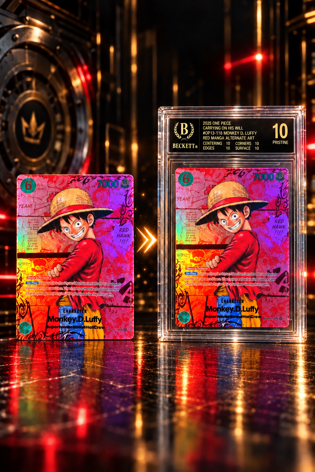 Monkey D. Luffy One Piece card transforming from raw to a BGS 10 Pristine slab