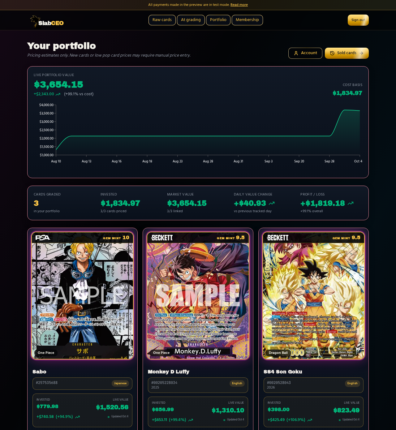 SlabCEO graded-card portfolio with value chart and collection totals