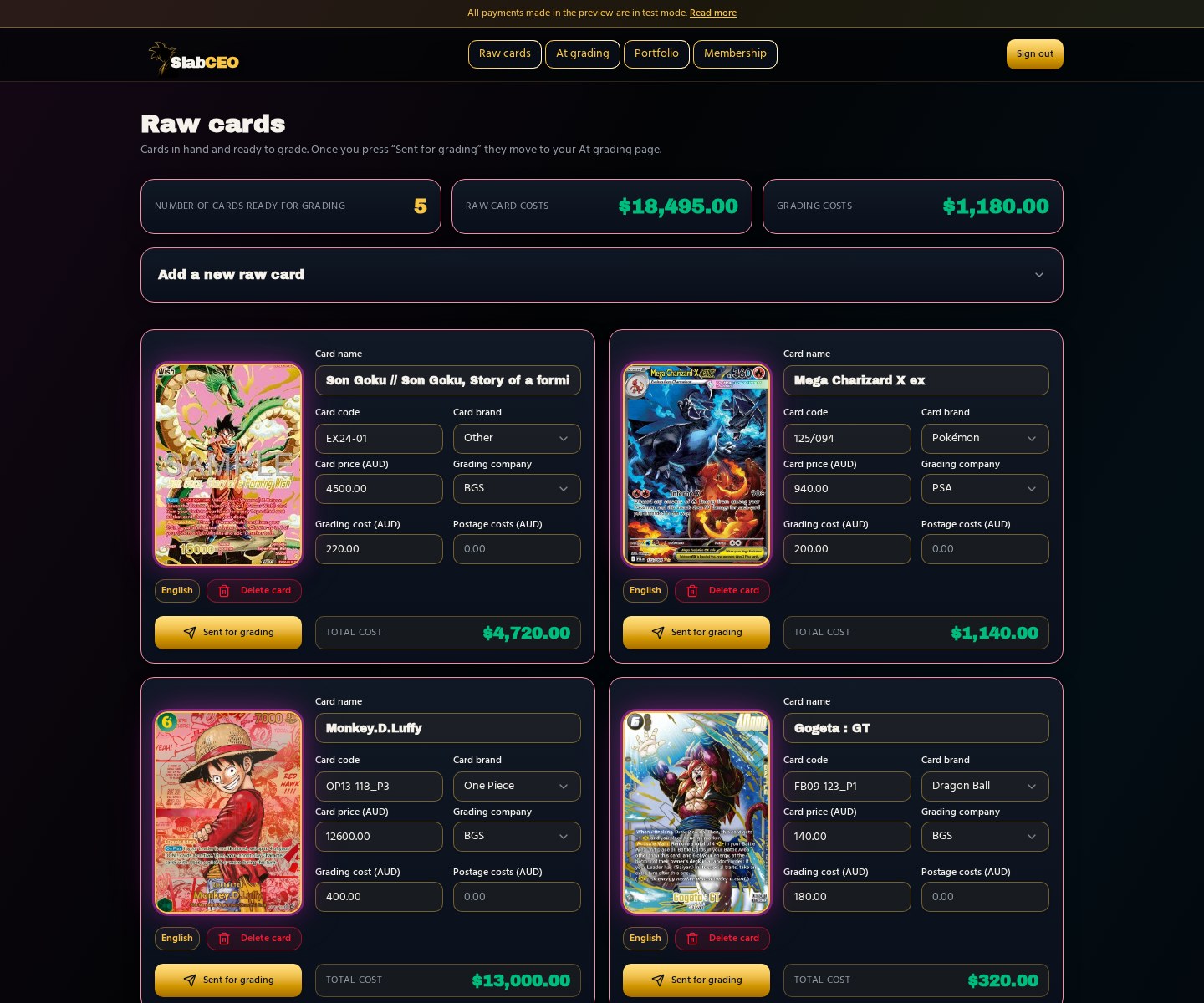 Raw cards page showing cards in hand with card price, grading company and total cost